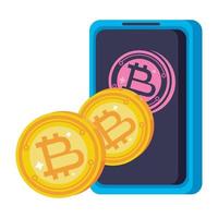 golden bitcoins in smartphone vector