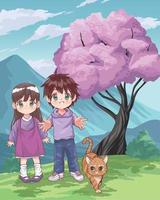 anime couple with cat in mountain vector