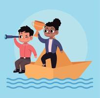 interracial business couple in paper ship vector