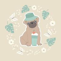 A pug in a panama hat is drinking a cocktail. Cute print with monstera leaves, flowers and butterflies. Vector illustration for children.