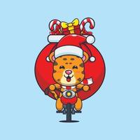 Cute leopard carrying christmas gift with motorcycle. Cute christmas cartoon illustration. vector