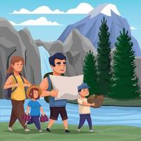 familia de viajeros en el paisaje vector