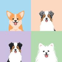 Set of funny dogs with corgi, spitz, Australian shepherd. Illustration with pet faces. Vector