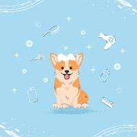 lindo perro corgi con burbujas en estilo plano. ilustración de aseo de mascotas para contenido, etiqueta, banner, tarjeta de felicitación. vector