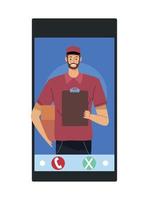 delivery worker in smartphone vector