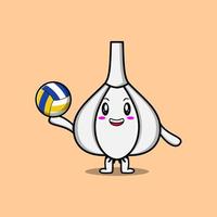 Cute cartoon Garlic character playing volleyball vector