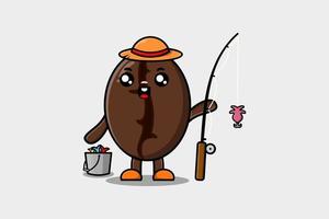 personaje de pesca listo de granos de café de dibujos animados lindo vector