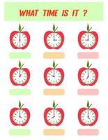 What time is it. Learning time on the clock. Educational activity worksheet for kids and toddlers. Preschool game. Puzzle with clock .   Education Game for Children. vector