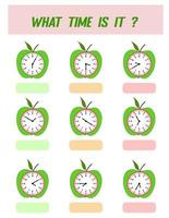 What time is it. Learning time on the clock. Educational activity worksheet for kids and toddlers. Preschool game. Puzzle with clock .   Education Game for Children. vector