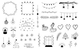 Collection of Christmas doodles. Set of hand drawn Christmas frames, borders, garlands, Christmas decorations, snowflakes. Vector winter illustration for christmas decor