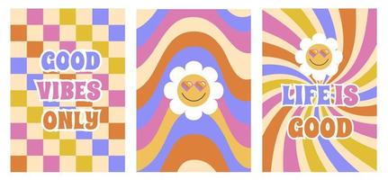 Psychedelic colorful poster collection. Colorful vector illustration in vintage style. 70s 60s poster or card, t-shirt print. Retro slogan on a chessboard. Happy smiling chamomiles. Fun hippy texture.