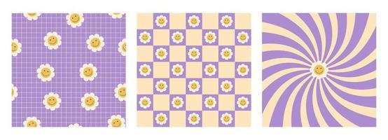 Set of stickers in trendy retro psychedelic style. Set of hippies 70s, 80s, 90s. Floral seamless pattern.Chamomile on a chessboard in purple. Retro rays. Funny smiling flower. vector