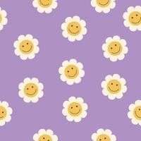 Chamomile pattern design. Smiling flowers. Colorful fashion vector illustration in 70s, 80s, 90s style. Daisies seamless pattern. Happy smiling chamomiles on purple.