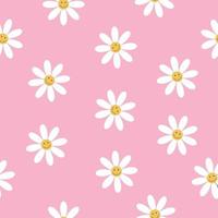 Happy smiling chamomiles on a pink background. Floral seamless pattern. Style 70s, 80s, 90s. Chamomile pattern design. vector