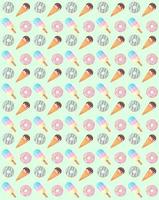 Pattern with sweets and ice cream, cupcakes on a light green background. Pattern for birthday. Phone background. Sweet print. Wrapping paper. vector