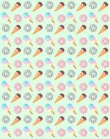 Pattern with sweets and ice cream, cupcakes on a light green background. Pattern for birthday. Phone background. Sweet print. Wrapping paper. vector