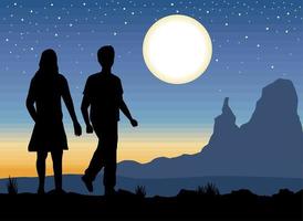 couple silhouette in night landscape vector