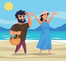 travelers couple walking on the beach vector