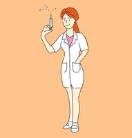 Female doctor with a syringe. Vaccine. Vaccination. Nurse. Flat vector illustrration.