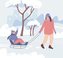 Mother pulling her son on the sleigh. Boy on the sledge. Winter activity. Flat vector illustration.