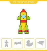 Find the correct shadow. Find and match the correct shadow of Rocket. Educational children game, printable worksheet, vector illustration