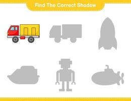 encontrar la sombra correcta. encontrar y hacer coincidir la sombra correcta del camión. juego educativo para niños, hoja de cálculo imprimible, ilustración vectorial vector