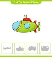 encontrar la sombra correcta. encuentra y combina la sombra correcta del submarino. juego educativo para niños, hoja de cálculo imprimible, ilustración vectorial vector