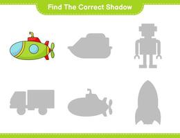 Find the correct shadow. Find and match the correct shadow of Submarine. Educational children game, printable worksheet, vector illustration