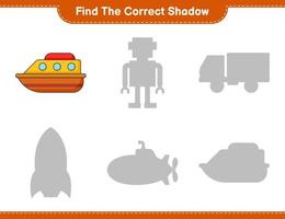 encontrar la sombra correcta. encuentra y combina la sombra correcta del barco. juego educativo para niños, hoja de cálculo imprimible, ilustración vectorial vector