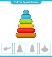 Find the correct shadow. Find and match the correct shadow of Pyramid Toy. Educational children game, printable worksheet, vector illustration