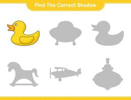 encontrar la sombra correcta. encuentra y combina la sombra correcta del patito de goma. juego educativo para niños, hoja de cálculo imprimible, ilustración vectorial vector