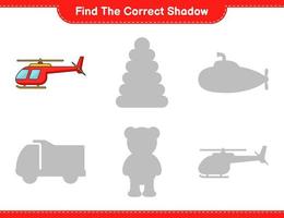 encontrar la sombra correcta. encuentra y combina la sombra correcta del helicóptero. juego educativo para niños, hoja de cálculo imprimible, ilustración vectorial vector