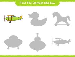 Find the correct shadow. Find and match the correct shadow of Plane. Educational children game, printable worksheet, vector illustration