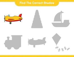 encontrar la sombra correcta. encuentra y combina la sombra correcta del plano. juego educativo para niños, hoja de cálculo imprimible, ilustración vectorial vector