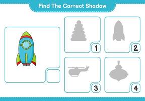 encontrar la sombra correcta. encuentra y combina la sombra correcta del cohete. juego educativo para niños, hoja de cálculo imprimible, ilustración vectorial vector