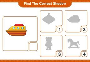 Find the correct shadow. Find and match the correct shadow of Boat. Educational children game, printable worksheet, vector illustration