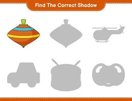 encontrar la sombra correcta. encuentra y combina la sombra correcta del juguete de perinola. juego educativo para niños, hoja de cálculo imprimible, ilustración vectorial vector