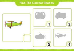 Find the correct shadow. Find and match the correct shadow of Plane. Educational children game, printable worksheet, vector illustration