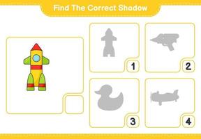 Find the correct shadow. Find and match the correct shadow of Rocket. Educational children game, printable worksheet, vector illustration