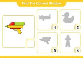 Find the correct shadow. Find and match the correct shadow of Water Gun. Educational children game, printable worksheet, vector illustration