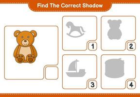 encontrar la sombra correcta. encuentra y combina la sombra correcta del oso de peluche. juego educativo para niños, hoja de cálculo imprimible, ilustración vectorial vector