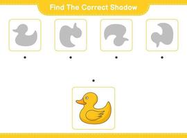 encontrar la sombra correcta. encuentra y combina la sombra correcta del patito de goma. juego educativo para niños, hoja de cálculo imprimible, ilustración vectorial vector