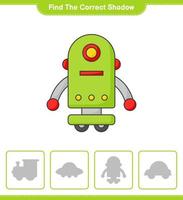 encontrar la sombra correcta. encuentra y combina la sombra correcta del personaje del robot. juego educativo para niños, hoja de cálculo imprimible, ilustración vectorial vector