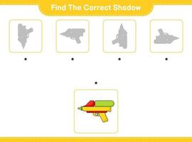 Find the correct shadow. Find and match the correct shadow of Water Gun. Educational children game, printable worksheet, vector illustration