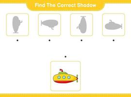 Find the correct shadow. Find and match the correct shadow of Submarine. Educational children game, printable worksheet, vector illustration
