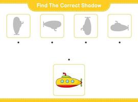 encontrar la sombra correcta. encuentra y combina la sombra correcta del submarino. juego educativo para niños, hoja de cálculo imprimible, ilustración vectorial vector