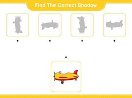 Find the correct shadow. Find and match the correct shadow of Plane. Educational children game, printable worksheet, vector illustration