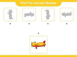 encontrar la sombra correcta. encuentra y combina la sombra correcta del plano. juego educativo para niños, hoja de cálculo imprimible, ilustración vectorial vector