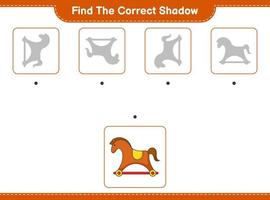 encontrar la sombra correcta. encuentra y combina la sombra correcta del caballito balancín. juego educativo para niños, hoja de cálculo imprimible, ilustración vectorial vector