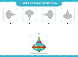 encontrar la sombra correcta. encuentra y combina la sombra correcta del juguete de perinola. juego educativo para niños, hoja de cálculo imprimible, ilustración vectorial vector